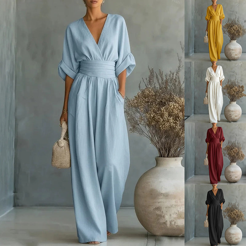 Women's V-Neck Wide-Leg Jumpsuit – High Waist Pleated Elegant 11 Colors S–5XL