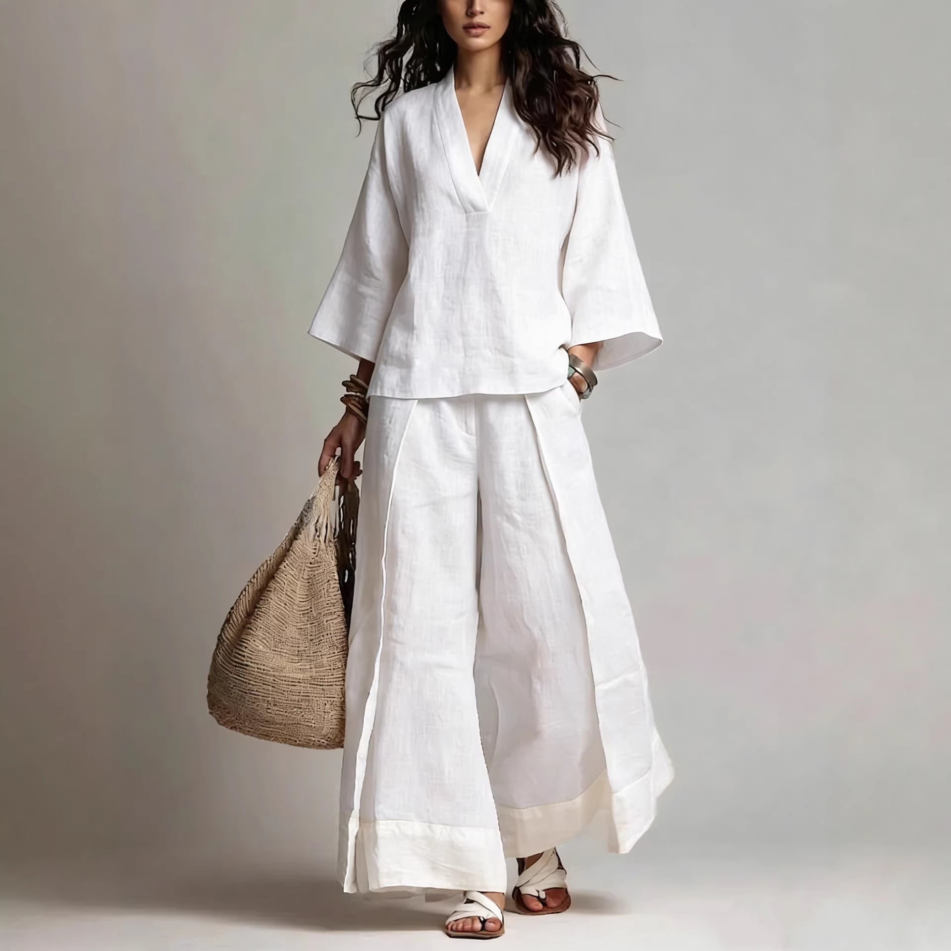 Women's Cotton-Linen V-Neck 3/4 Sleeve Shirt & Wide-Leg Pants Set