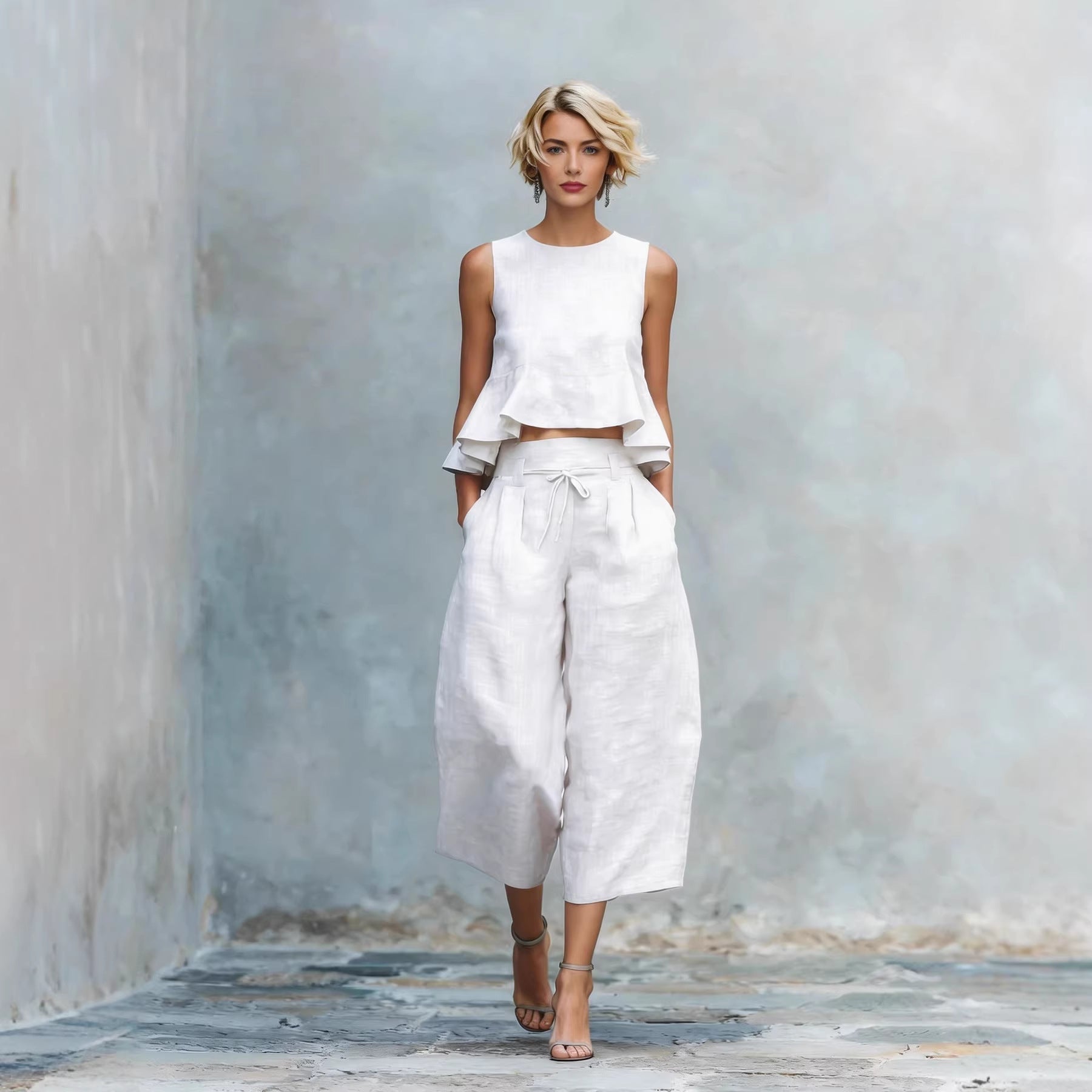 Women's Linen-Blend Sleeveless Two Piece Set with Ruffled Detailing