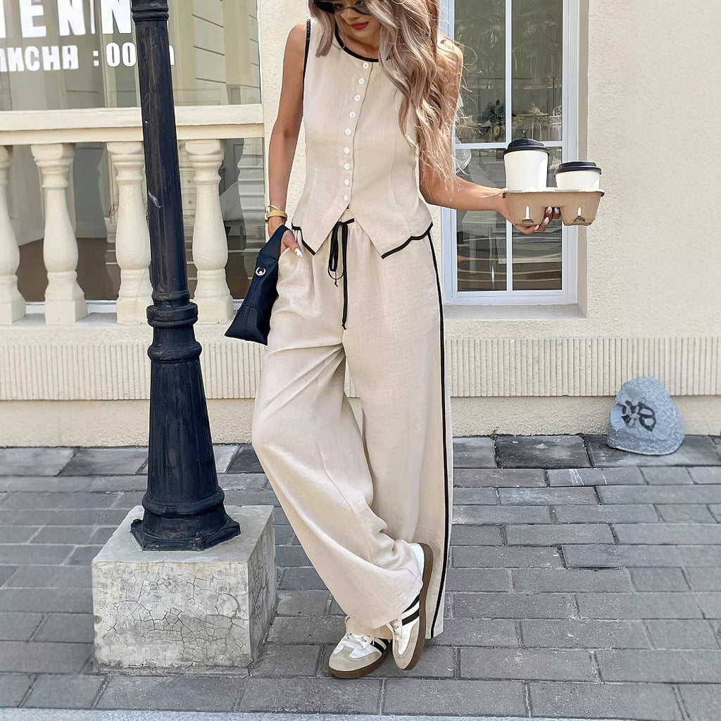 Women's Contrast Color Sleeveless Vest & Drawstring Trousers Suit – 6 Colors S–XXL