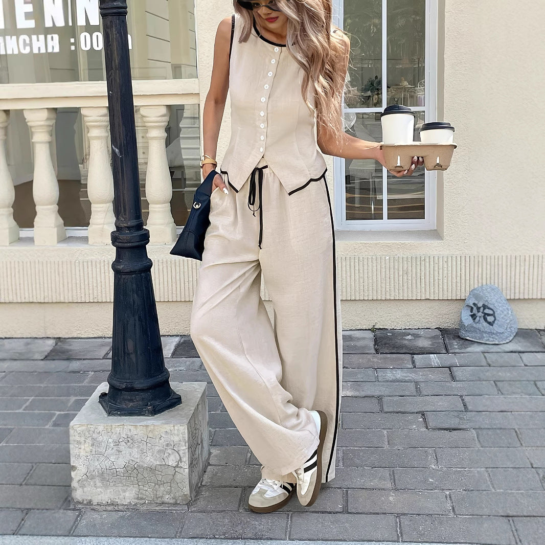 Women's Contrast Color Sleeveless Vest & Drawstring Trousers Suit – 6 Colors S–XXL