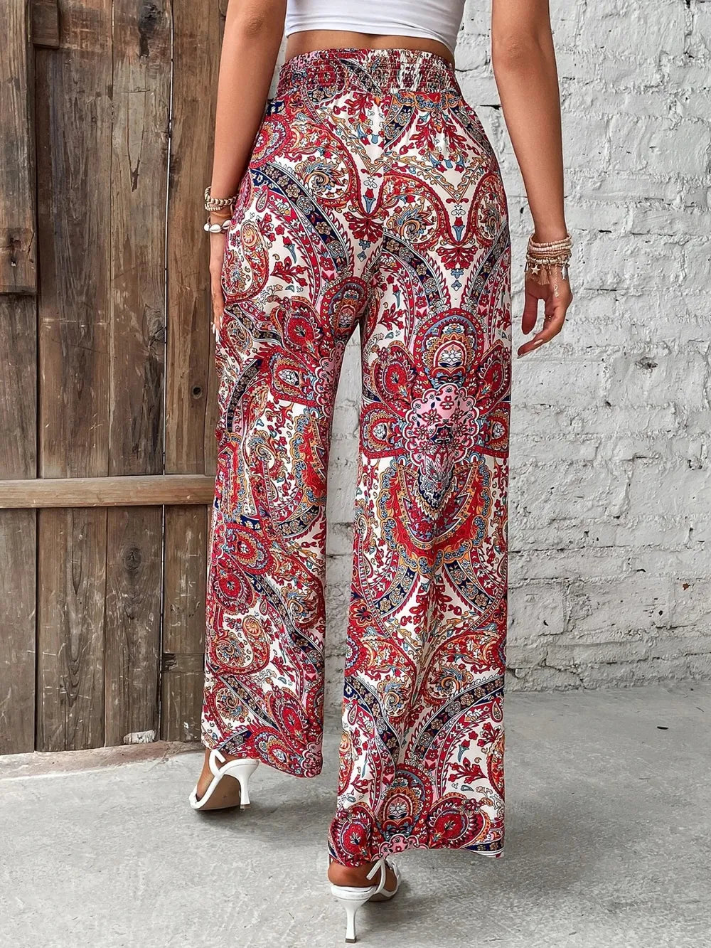 Women's Paisley Print Wide-Leg Pants – Boho Smocked Elastic Waist Tie-Up Flowy Trousers