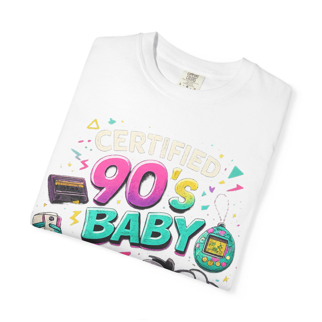90's Baby T-Shirt — Retro 90s Nostalgia Tee with Cassette, Gamepad & Rollerblade Graphics