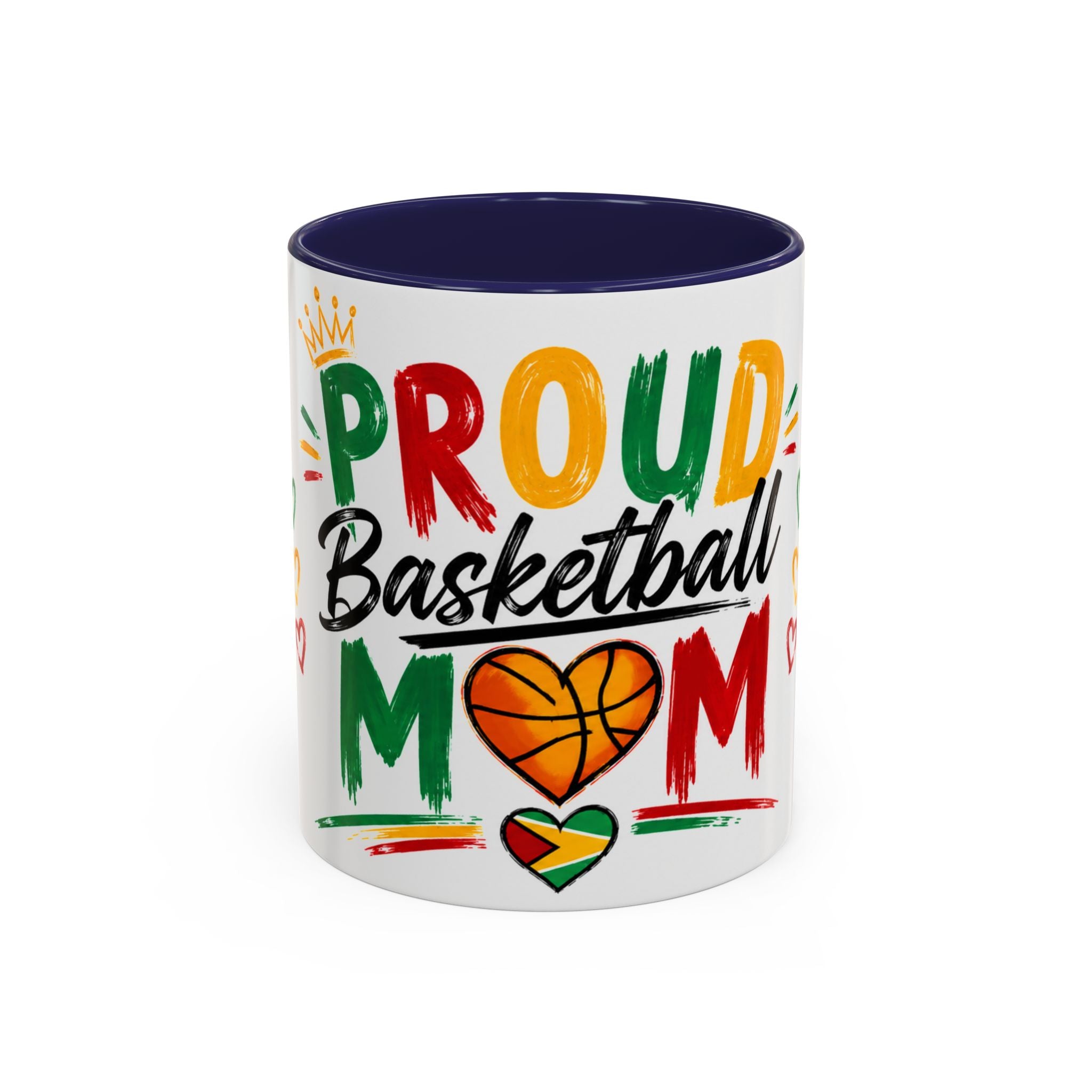 Taza de café para mamá orgullosa del baloncesto – Diseño colorido de corazón y baloncesto (11/15oz)