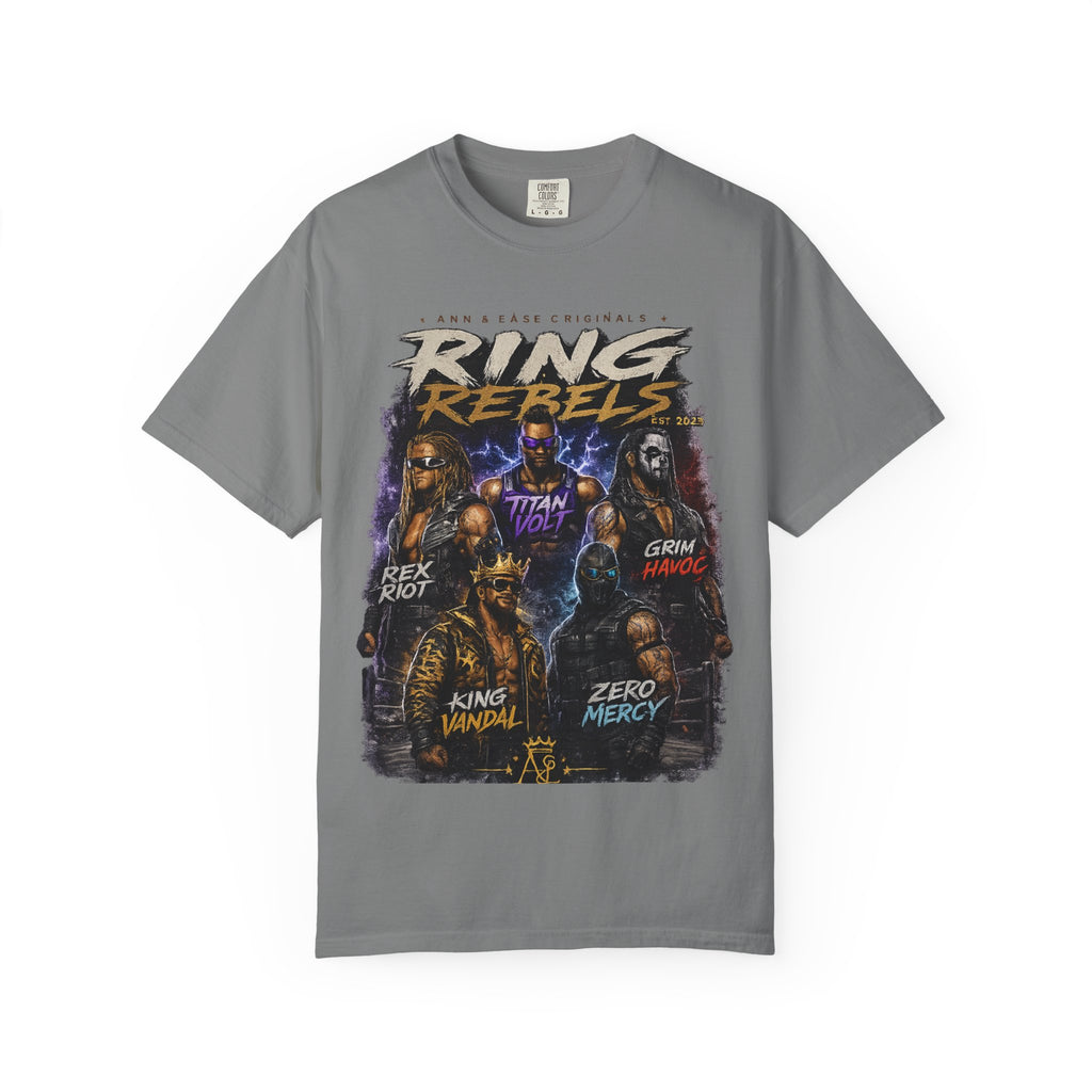T-Shirt — Ring Rebels Graphic Tee (Rex Riot, Titan Bolt, Grim Havoc, King Vandal, Zero Mercy)