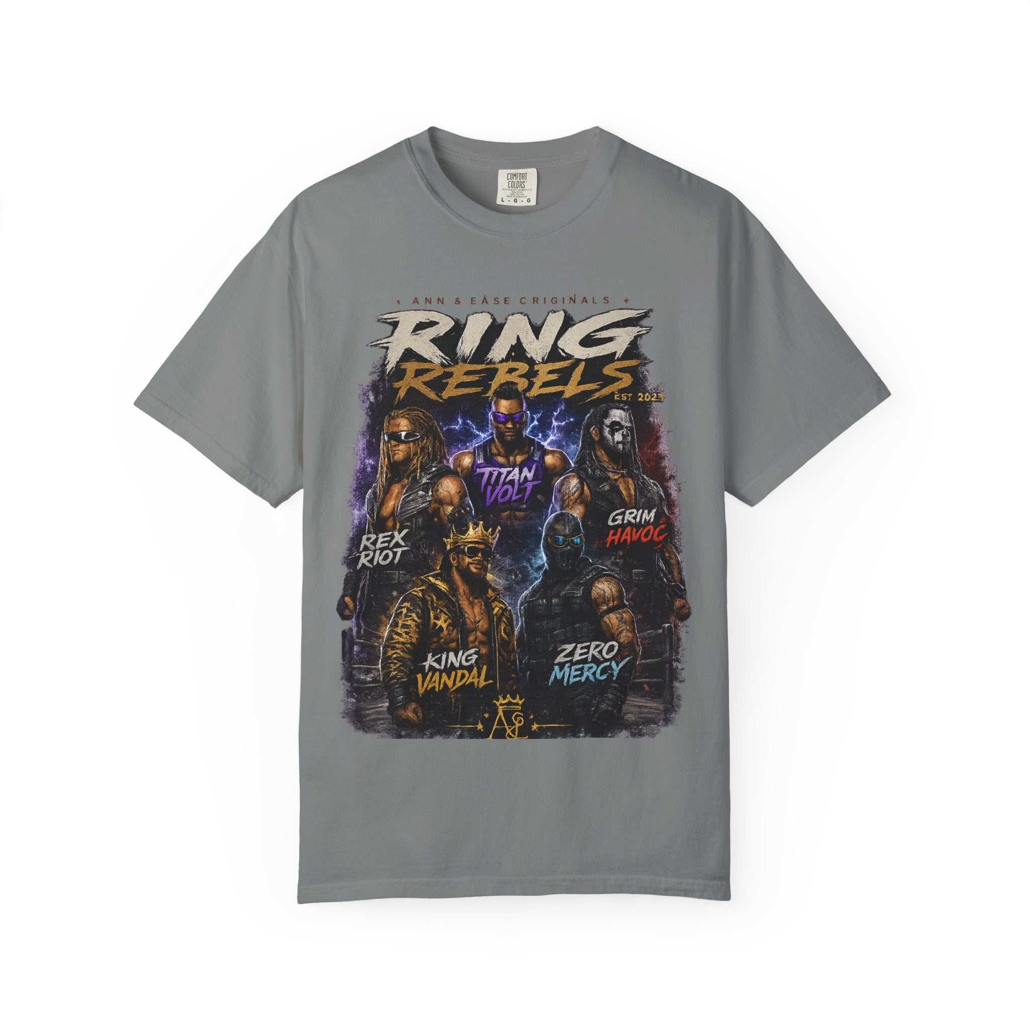 T-Shirt — Ring Rebels Graphic Tee (Rex Riot, Titan Bolt, Grim Havoc, King Vandal, Zero Mercy)