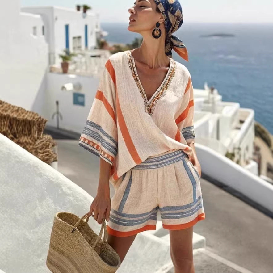 Women's V Neck Top and Shorts Set