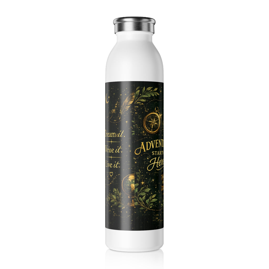 Slim Water Bottle - Elegant Gold Crest 'A&E' Adventure Starts Here Stainless Steel Bottle