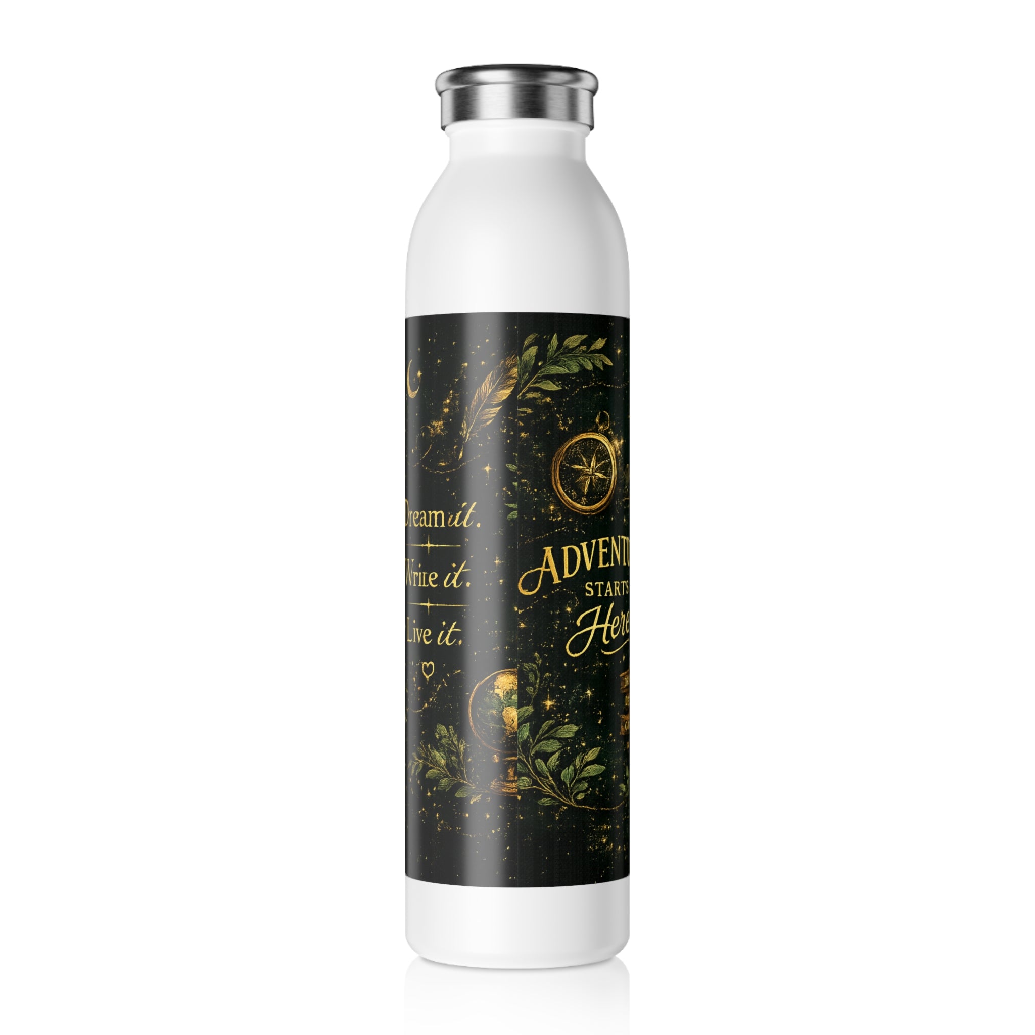 Slim Water Bottle - Elegant Gold Crest 'A&E' Adventure Starts Here Stainless Steel Bottle