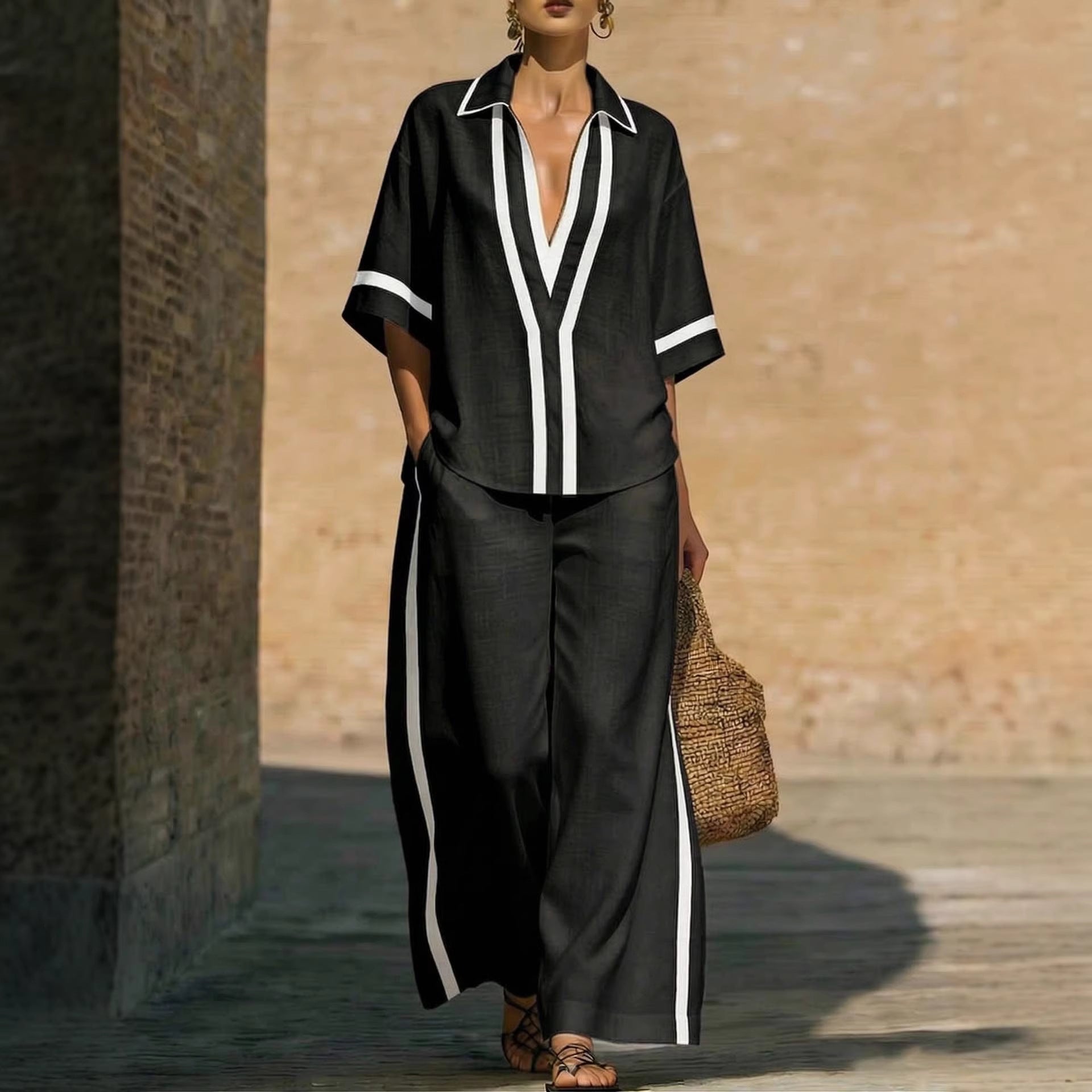 Women’s Color Block Shirt and Wide-Leg Pants Set