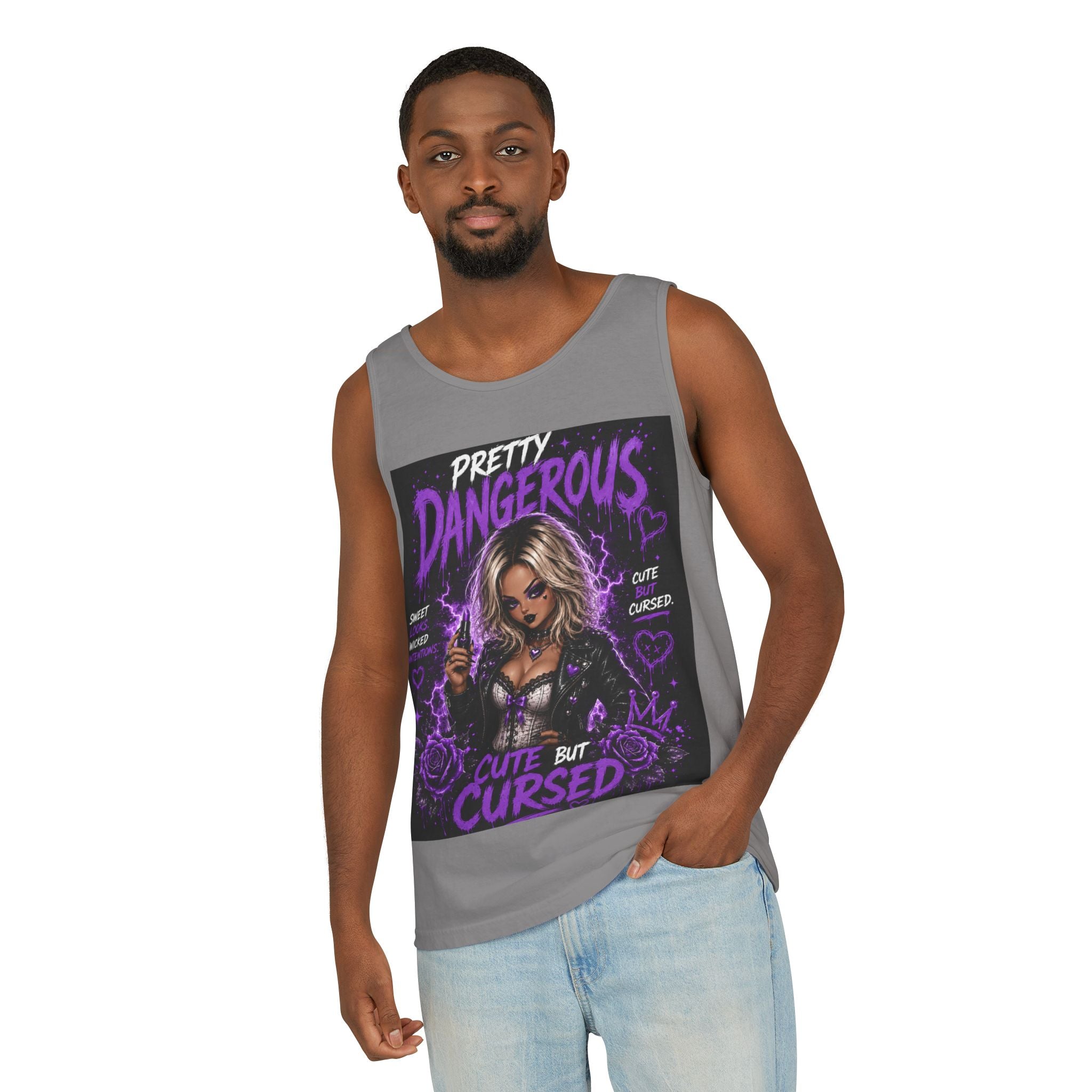 Camiseta sin mangas estampada — Ilustración gótica "Bastante peligrosa / Linda pero maldita"