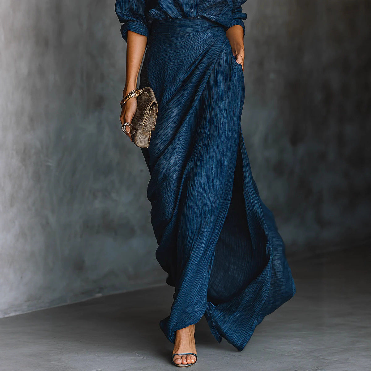 Women's Two-Piece Pleated Shirt & Draped Wrap Maxi Skirt Set – Long Sleeve Button Top