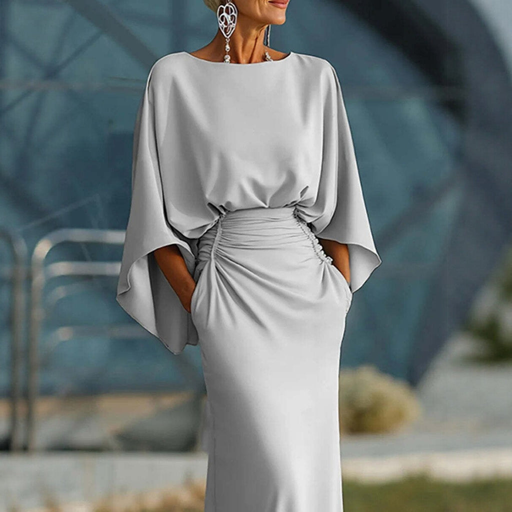 Women's Elegant Backless Pleated Batwing Sleeve Maxi Dress — Silver Mermaid Gown