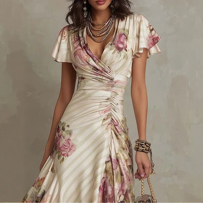 Ruffled Hem Maxi Dress – V-Neck Satin A-Line Color Block Dress