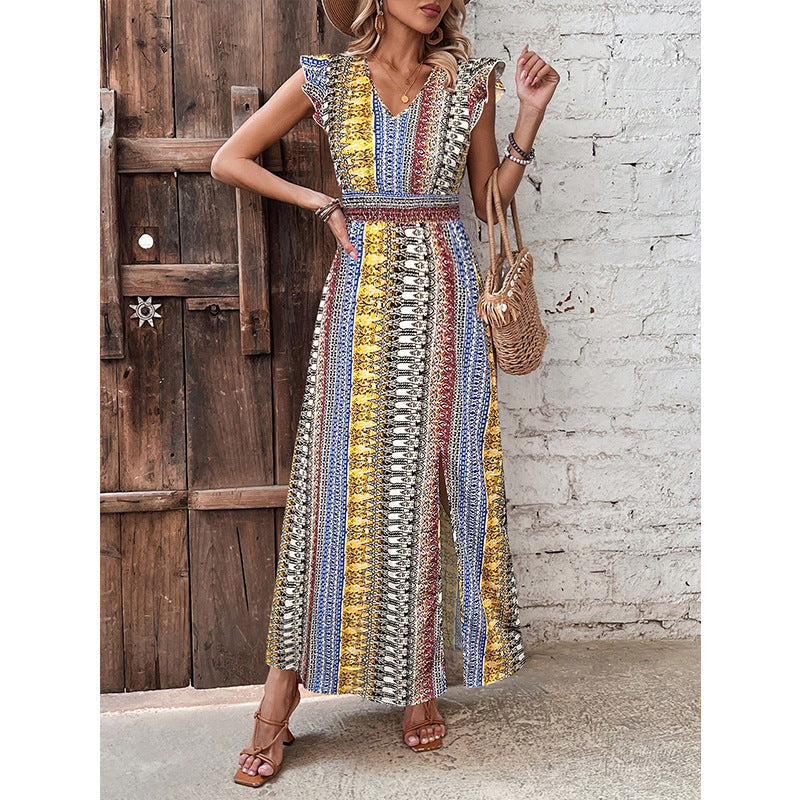 Women's Boho Geometric Print Puff Sleeve A-Line Maxi Dress – 3 Colors S–XL