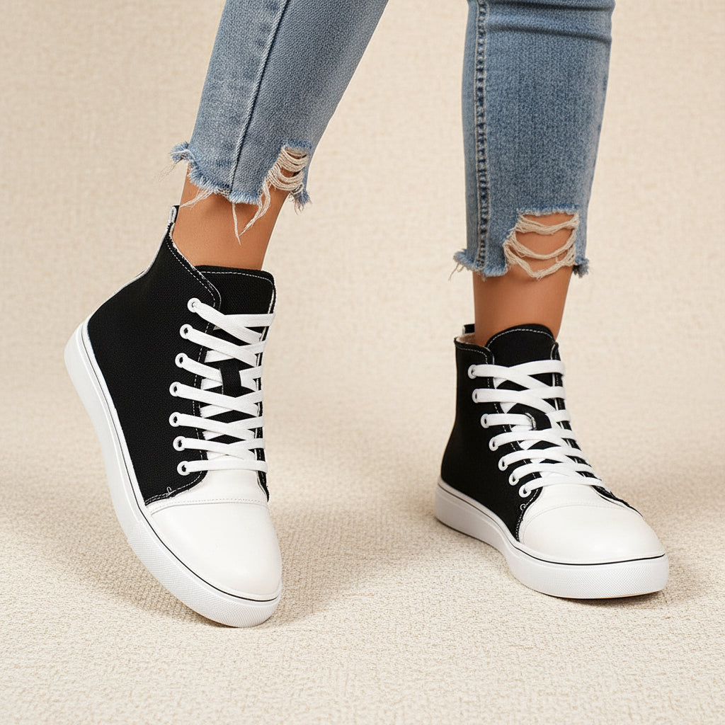 Women's High-Top Canvas Sneakers – Lace-Up Casual Flat Shoes