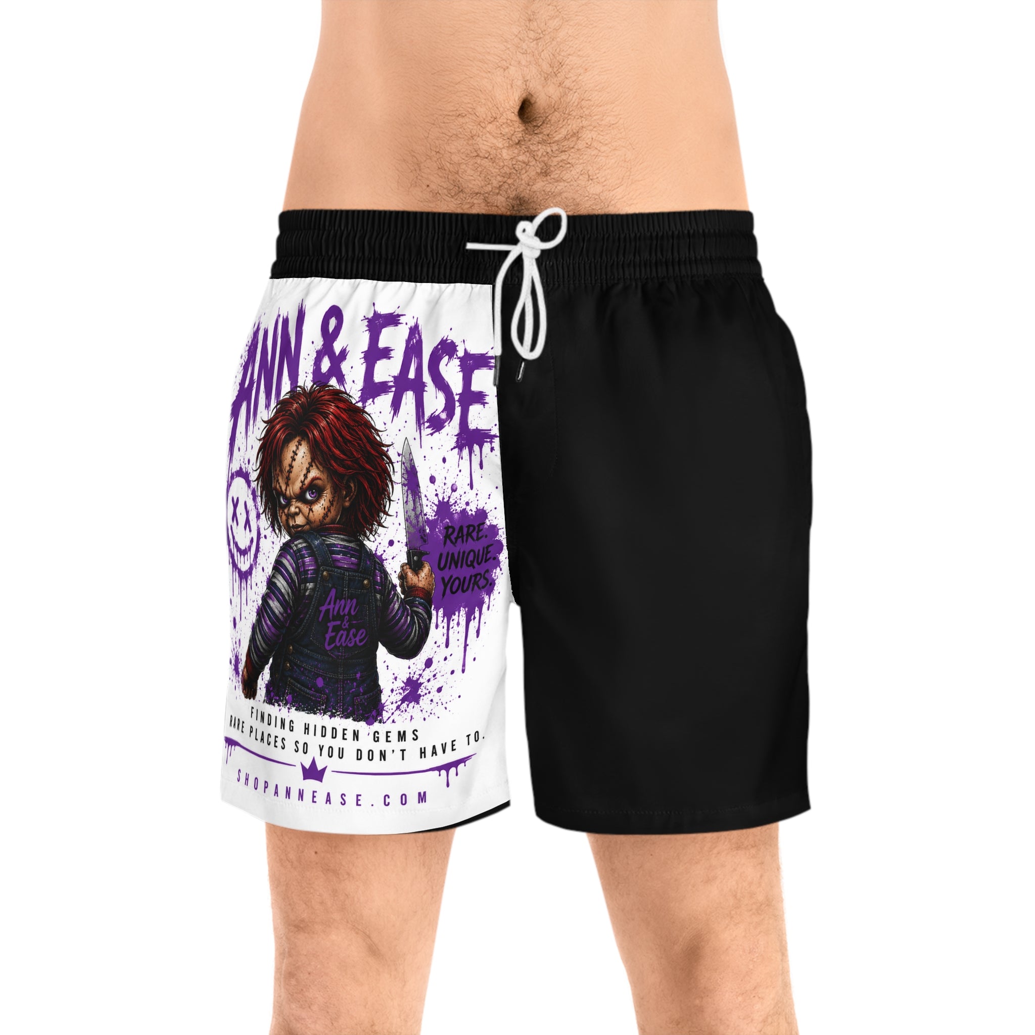 Chucky Style Graphic Swim Shorts — Ann & Ease Horror Beach Trunks