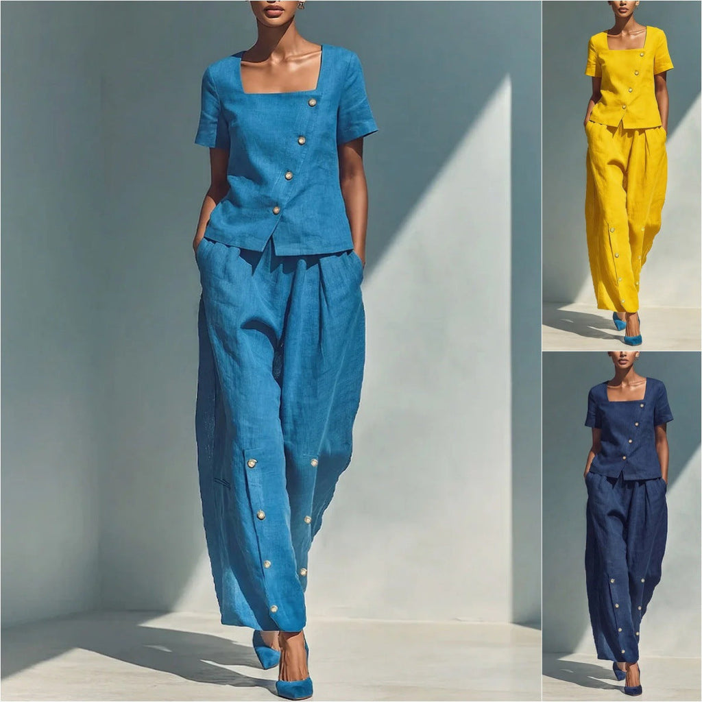 Women's Loose Short-Sleeve Top & High-Waist Pants Set – Plus Size Friendly
