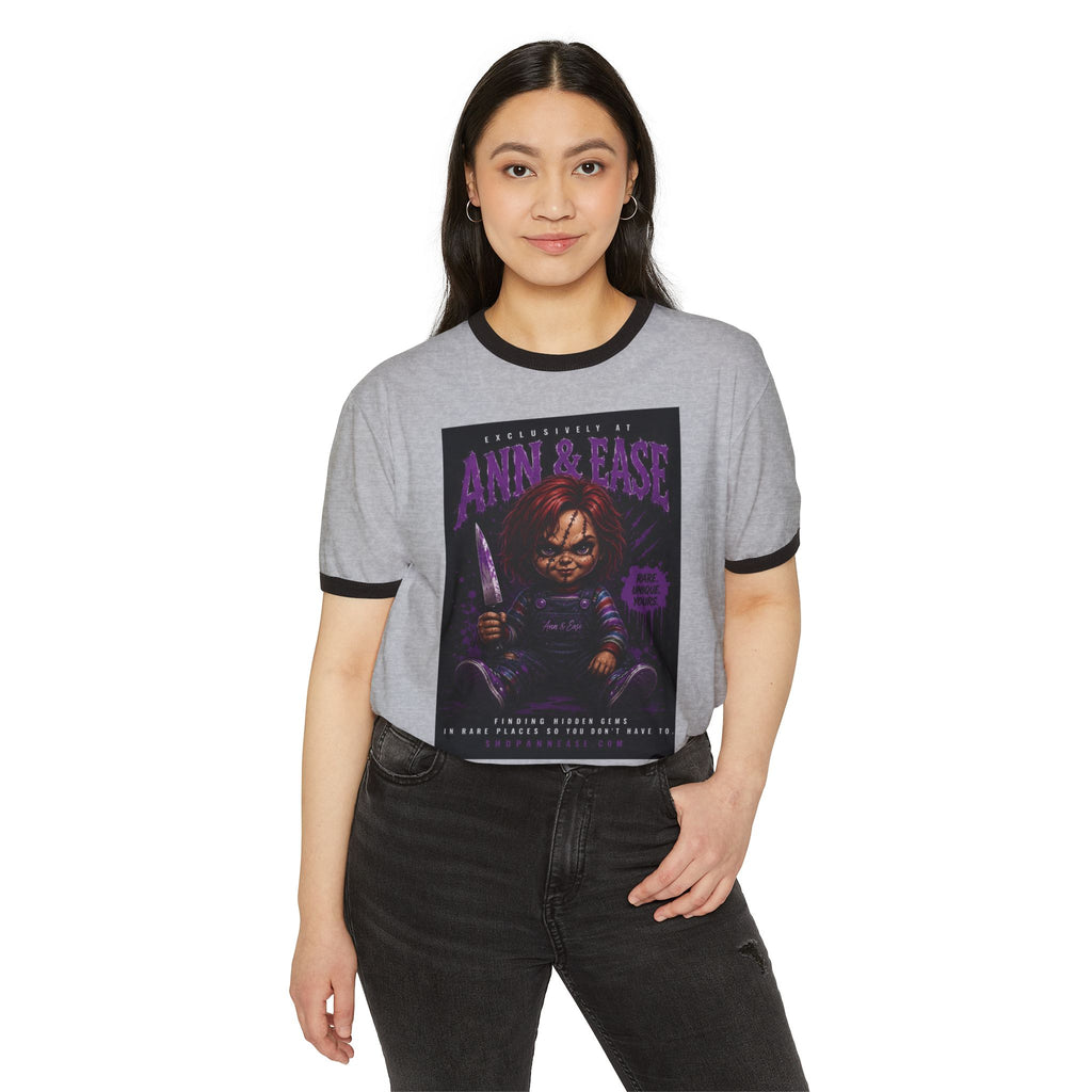 Horror Movie T-Shirt — "Ann & Ease" Chucky-Inspired Graphic Ringer Tee