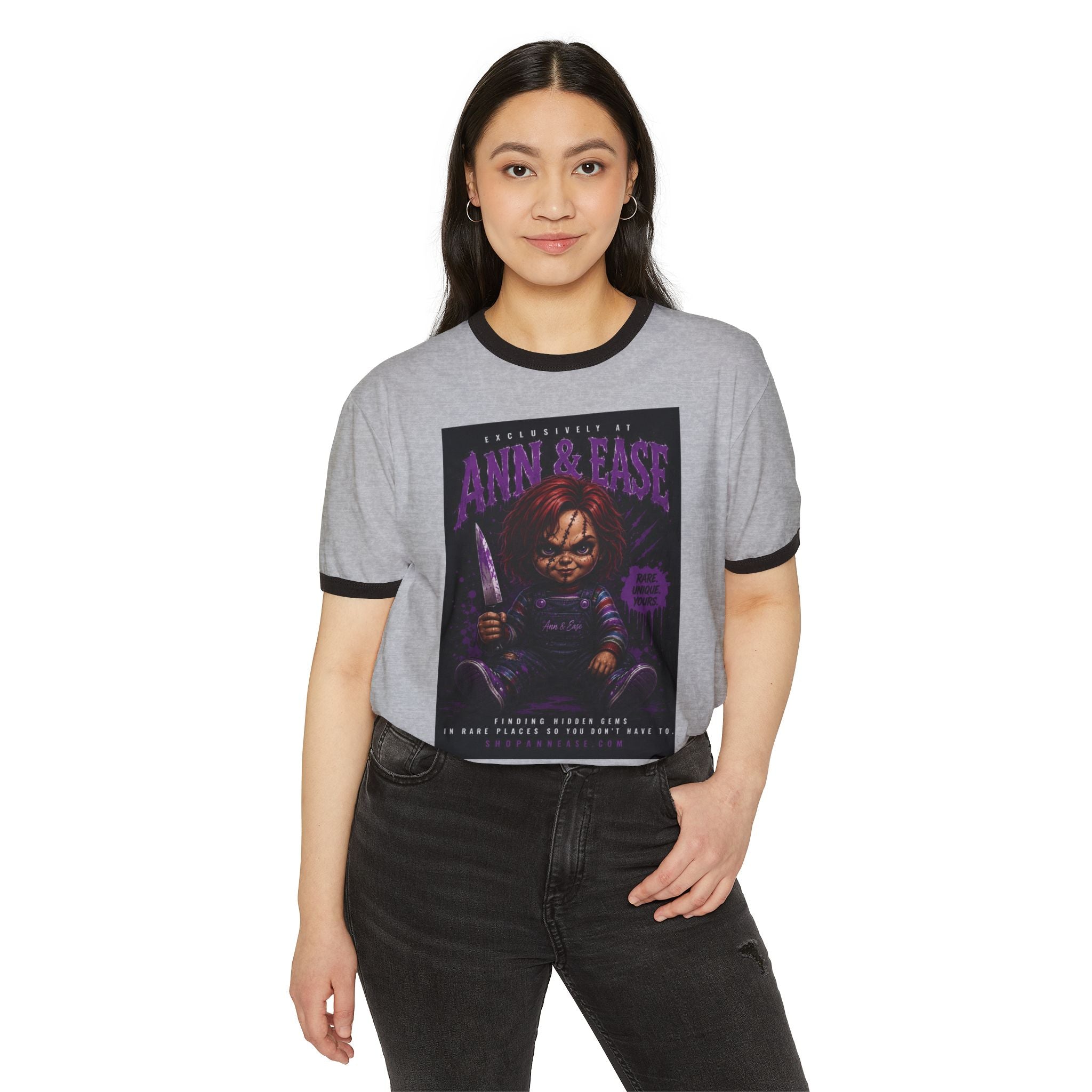 Horror Movie T-Shirt — "Ann & Ease" Chucky-Inspired Graphic Ringer Tee