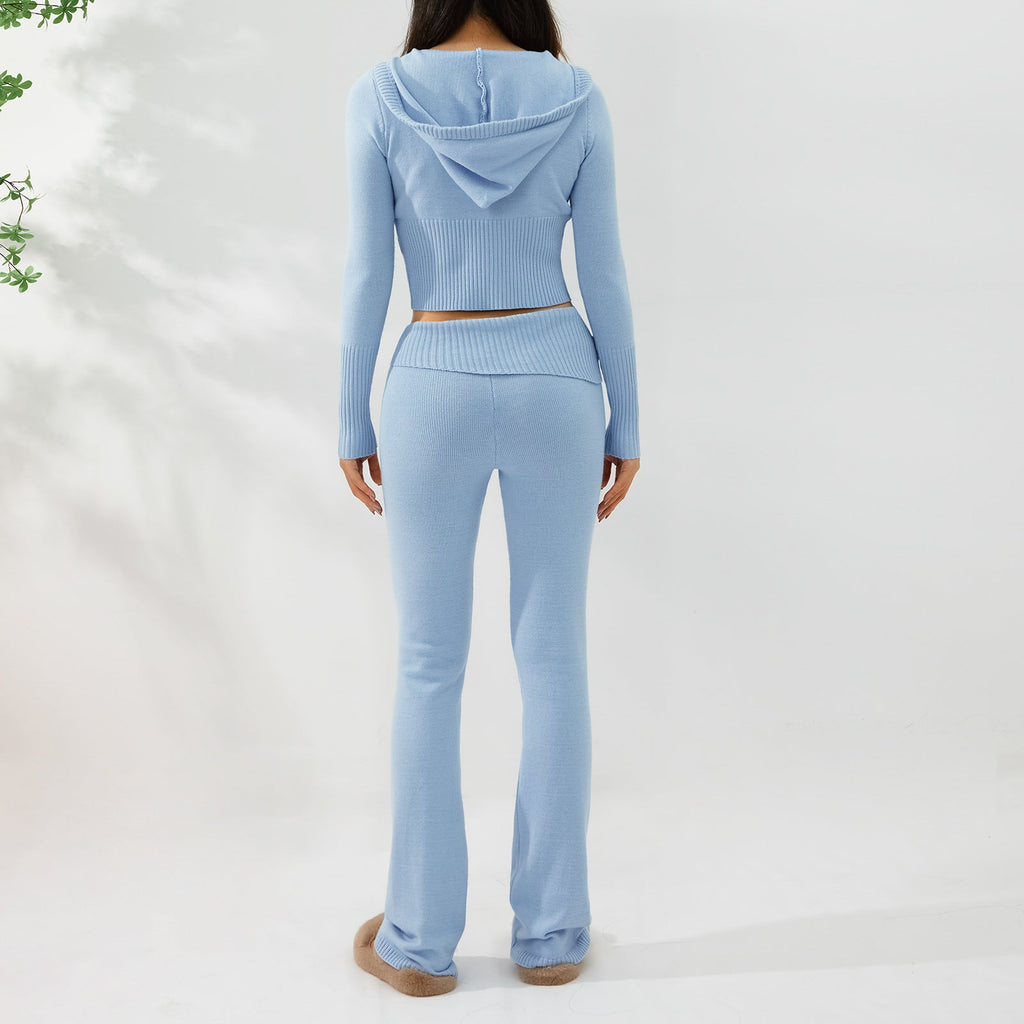 Women’s Knitted Hooded Two-Piece Set – Cardigan & High-Waisted Pants Suit