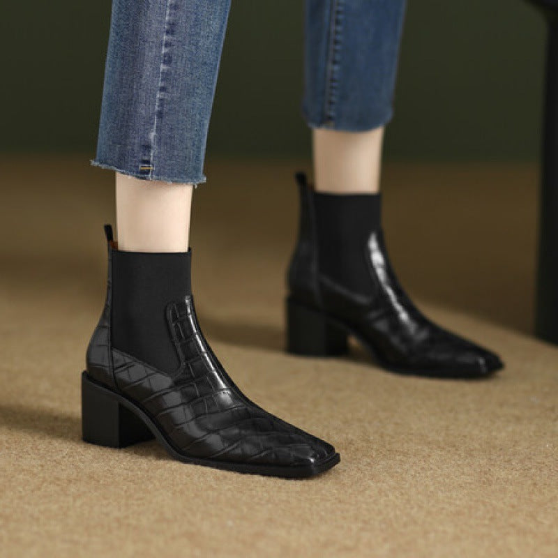 Women's Cowhide Square Toe Chunky Heel Pumps – Vintage Minimalist High Heels