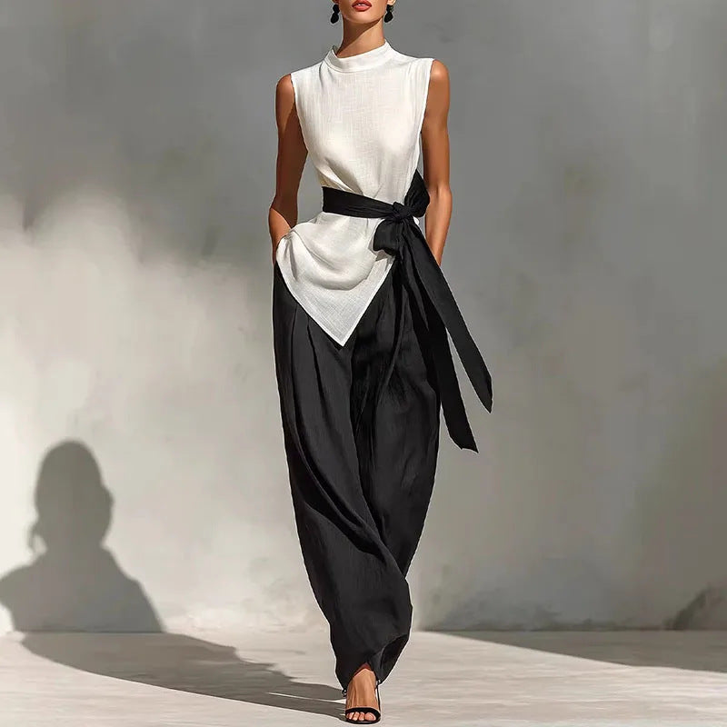 Women's Lace-Up Sleeveless Top & Wide-Leg Pants Set