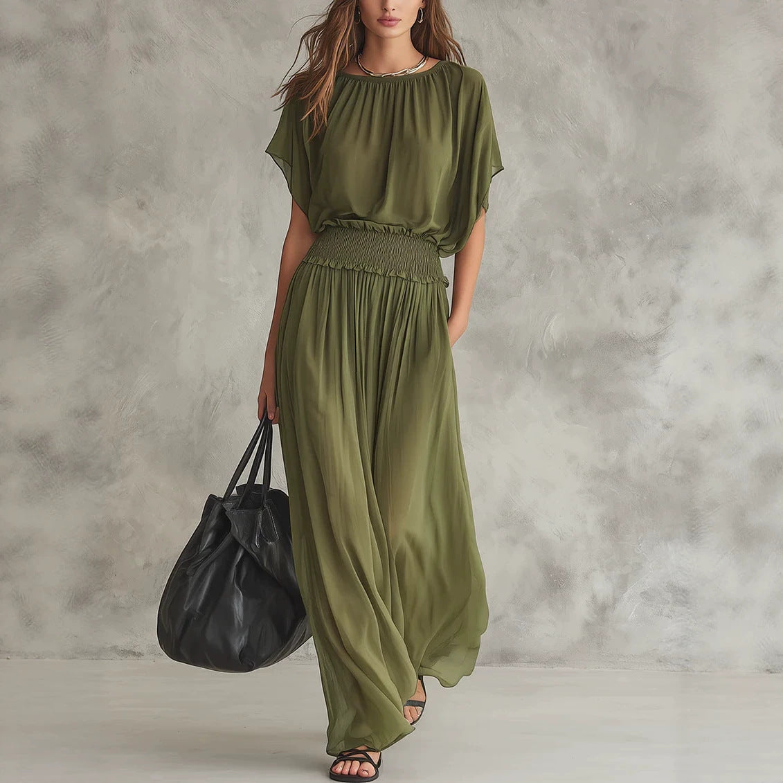 Women's Chiffon High-Waist Ruched Maxi Dress