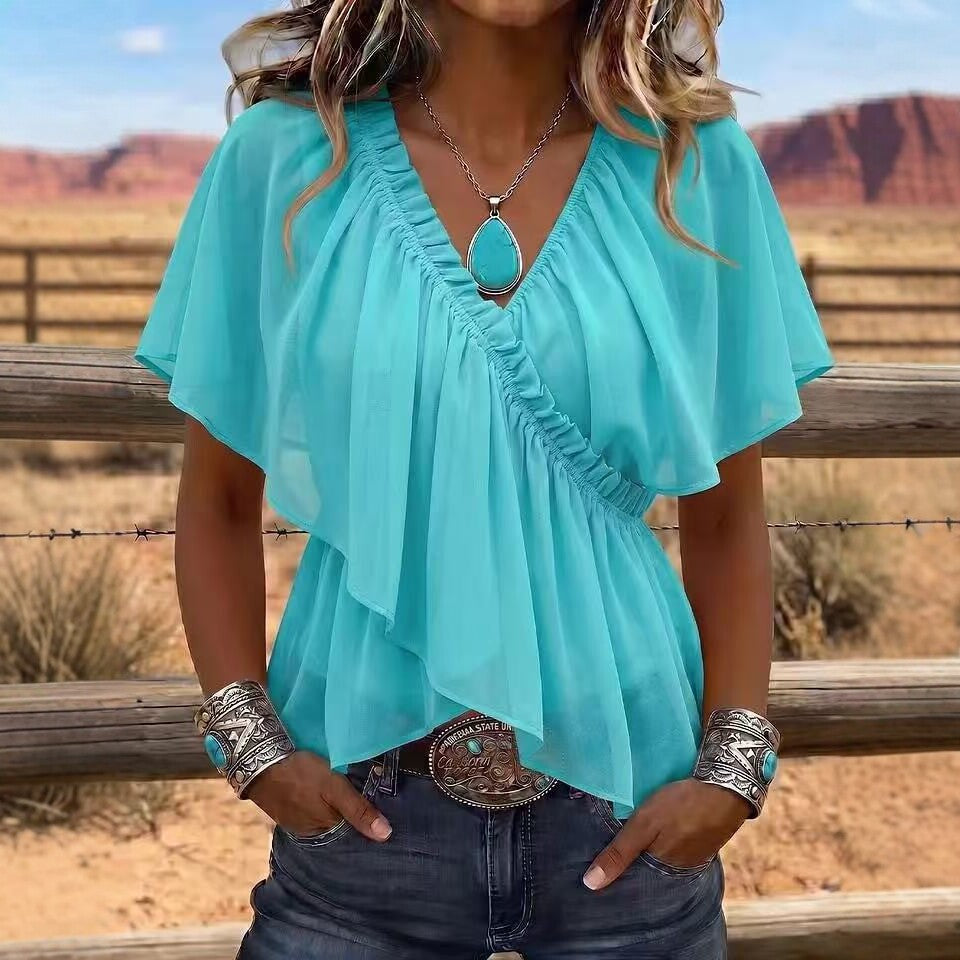 Women's Cross V-Neck Pleated Ruffle Flare Sleeve Chiffon Blouse
