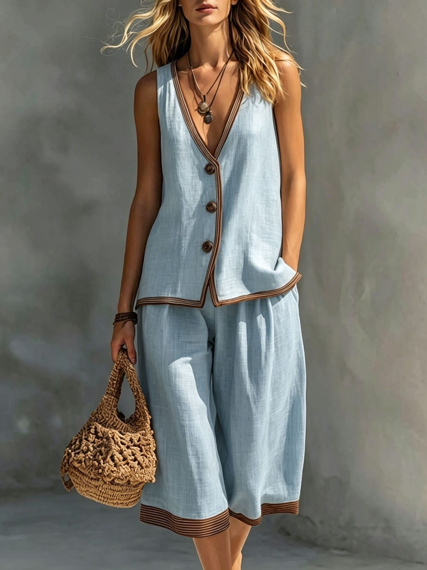 Women's Sleeveless Buttoned Vest & Shorts Two-Piece Set