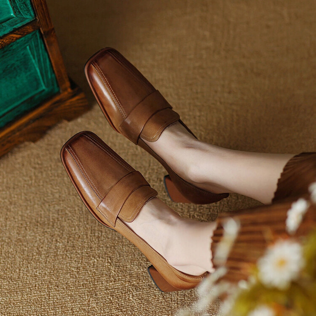 Women's Sheepskin Square Toe Chunky Heel Pumps – Retro High Heel Dress Shoes