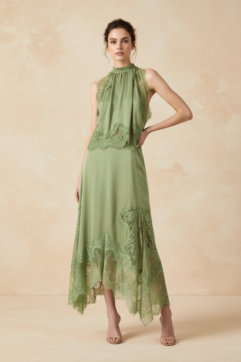 V-Neck Ruffle Waist Tank Top & Skirt Set – Elegant Hollow-Out Two-Piece