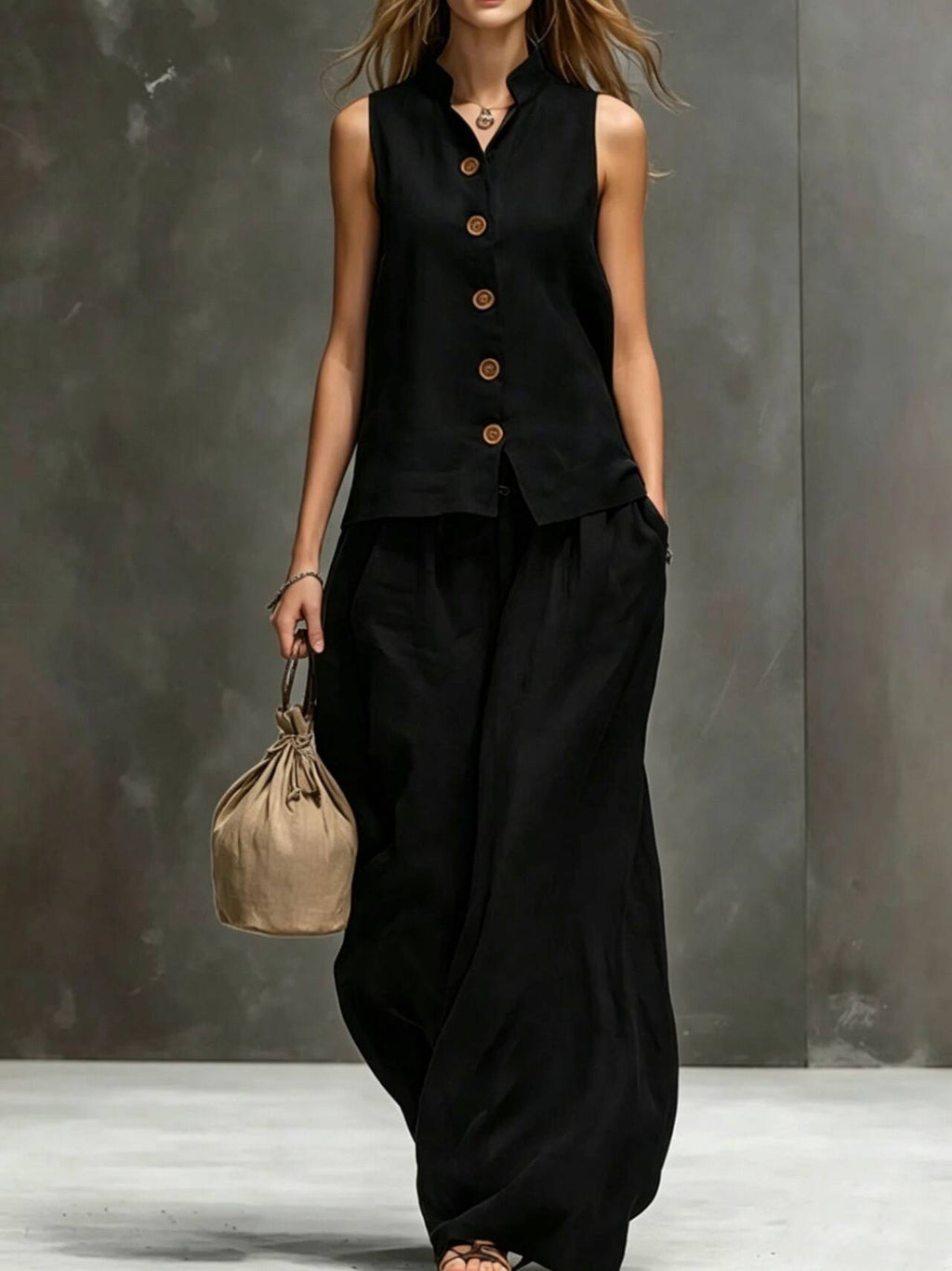 Women's Sleeveless Vest & Wide-Leg Pants Two-Piece Set – Cotton Linen