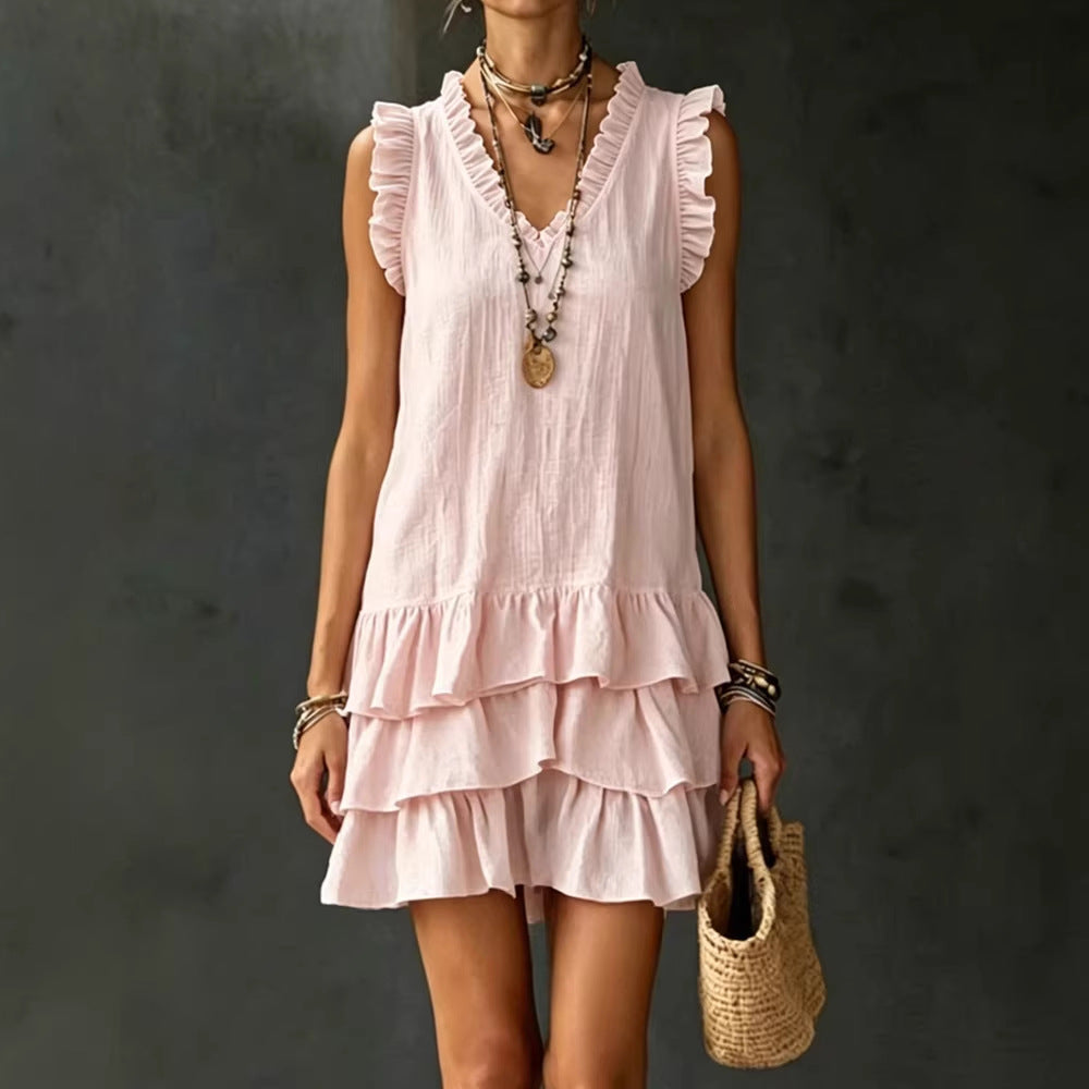 V-Neck Ruffle-Trim Tiered Sleeveless Midi Dress – 4 Colors, S–XXL