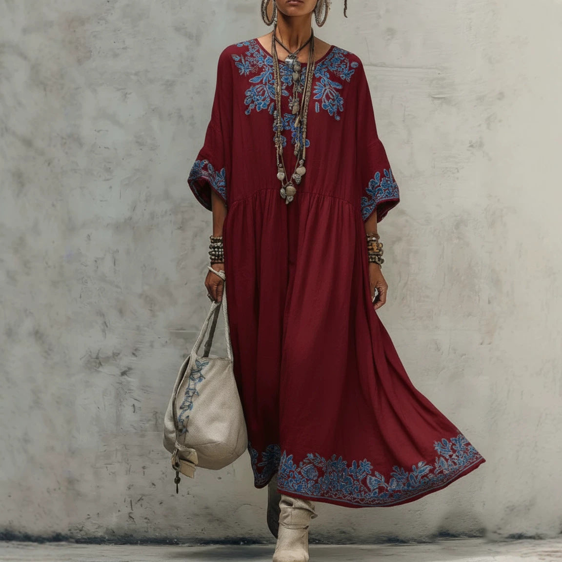 Women's Printed Batwing Sleeve Midi Dress – Loose Fit Linen Blend