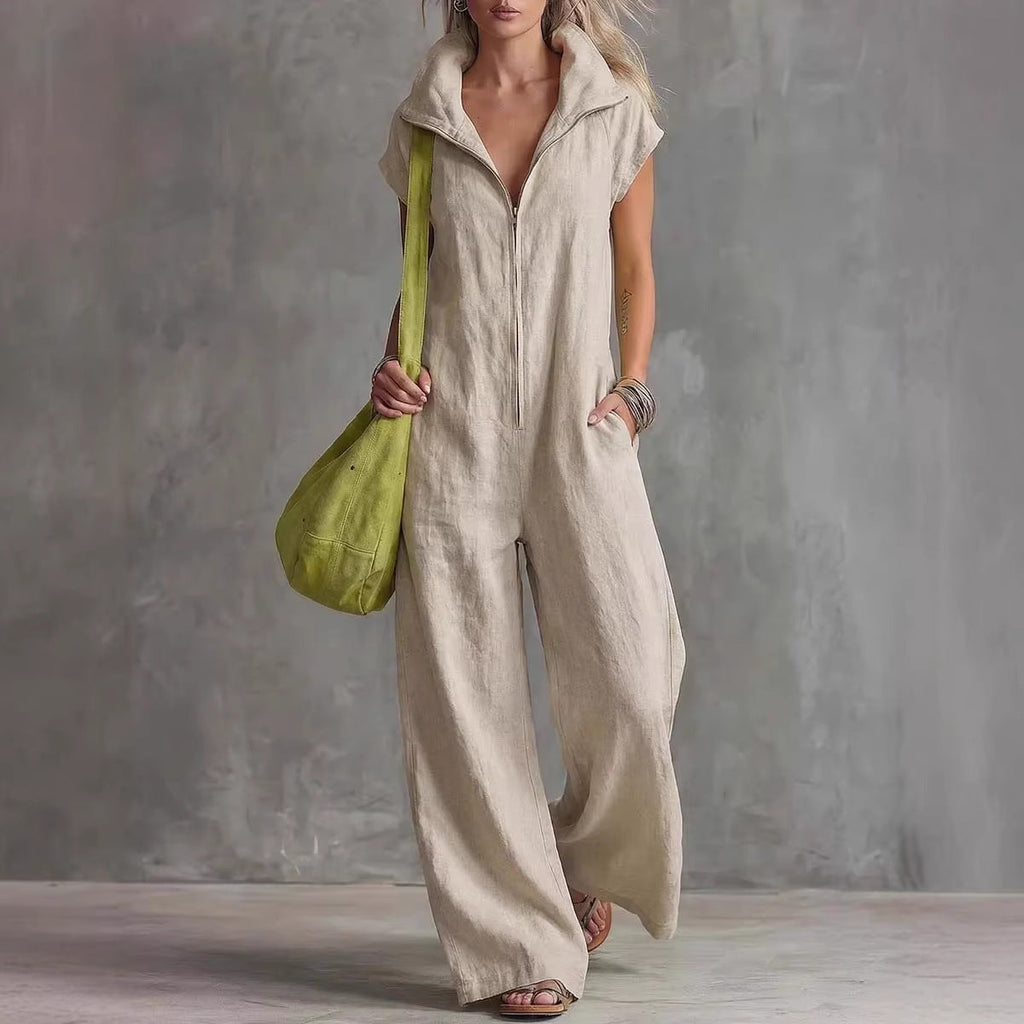 Women's Loose Sleeveless Jumpsuit with Pockets – Linen-Look