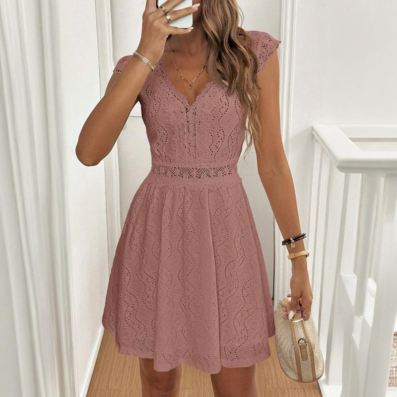 Women’s V‑Neck Short‑Sleeve Dress with Lace Trim