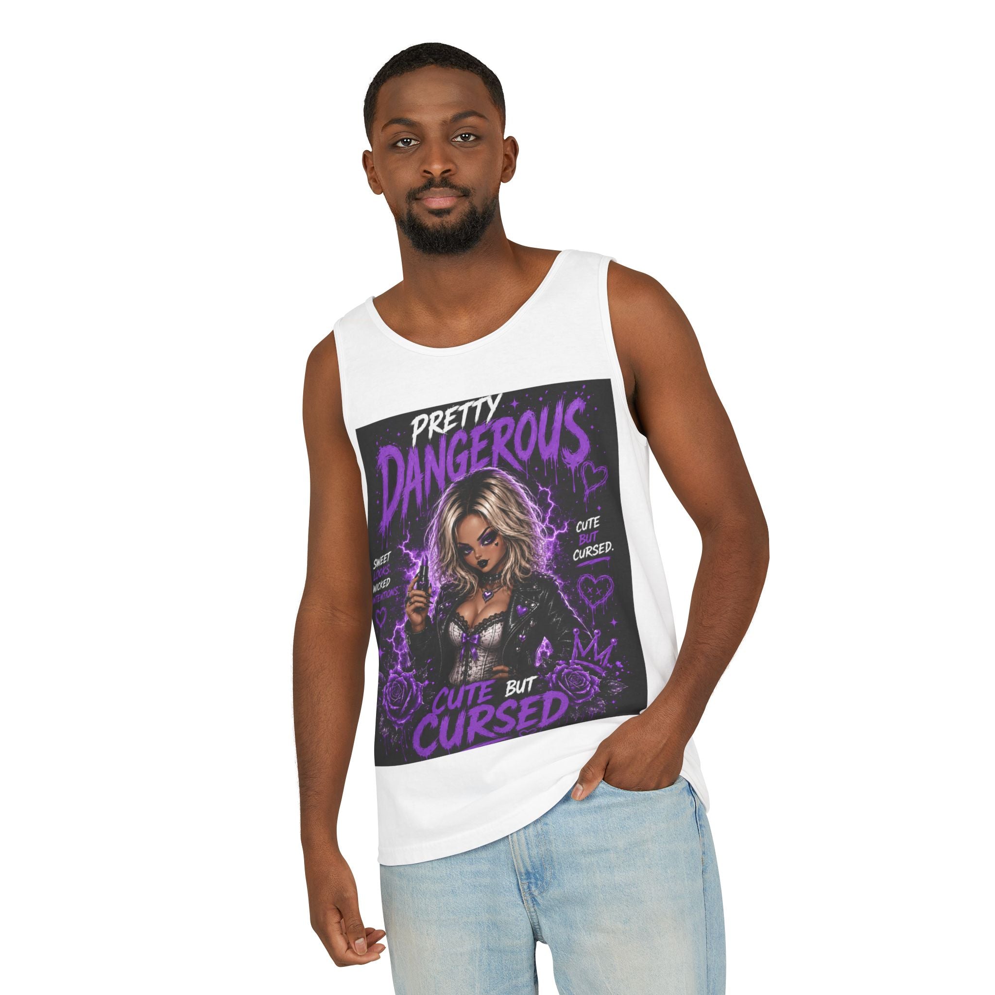 Camiseta sin mangas estampada — Ilustración gótica "Bastante peligrosa / Linda pero maldita"