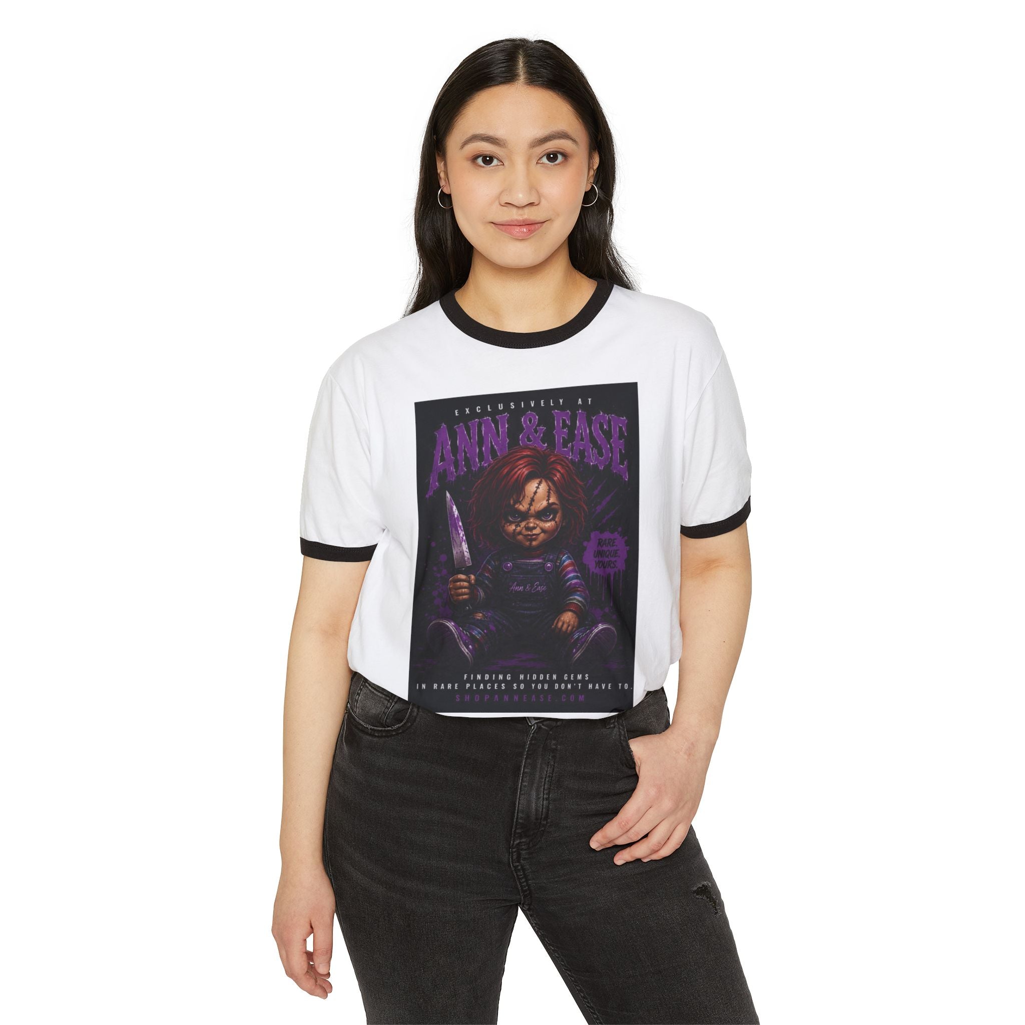 Horror Movie T-Shirt — "Ann & Ease" Chucky-Inspired Graphic Ringer Tee