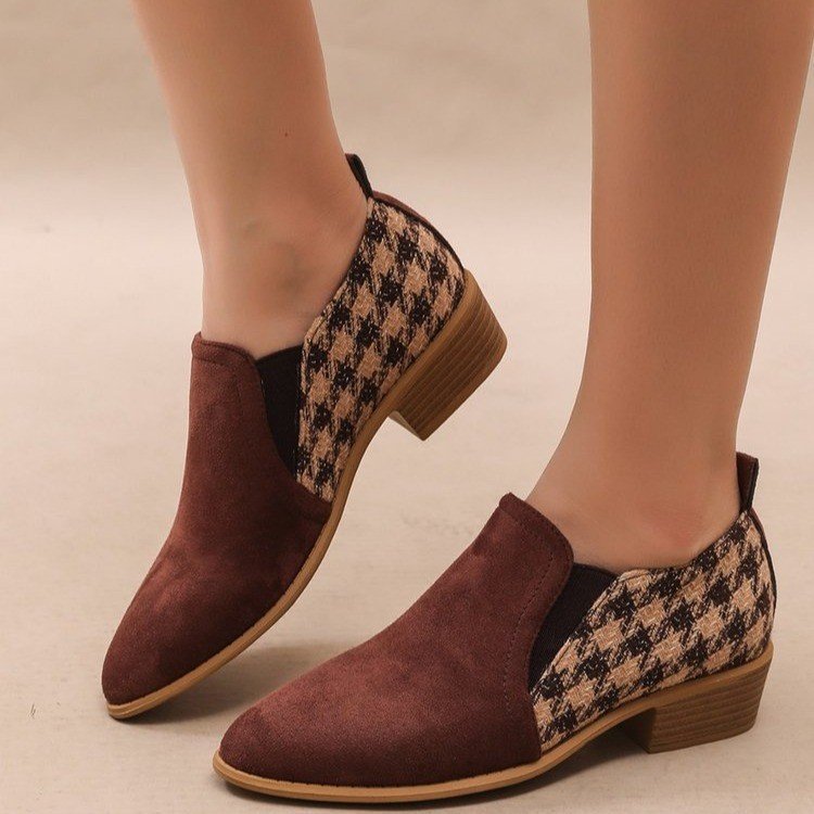 Women's Retro Color-Block Slip-On Heels – Round Toe Mid Heel Dress Shoes