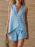 Women's Cotton-Linen V-Neck Button Sleeveless Top & Shorts Set
