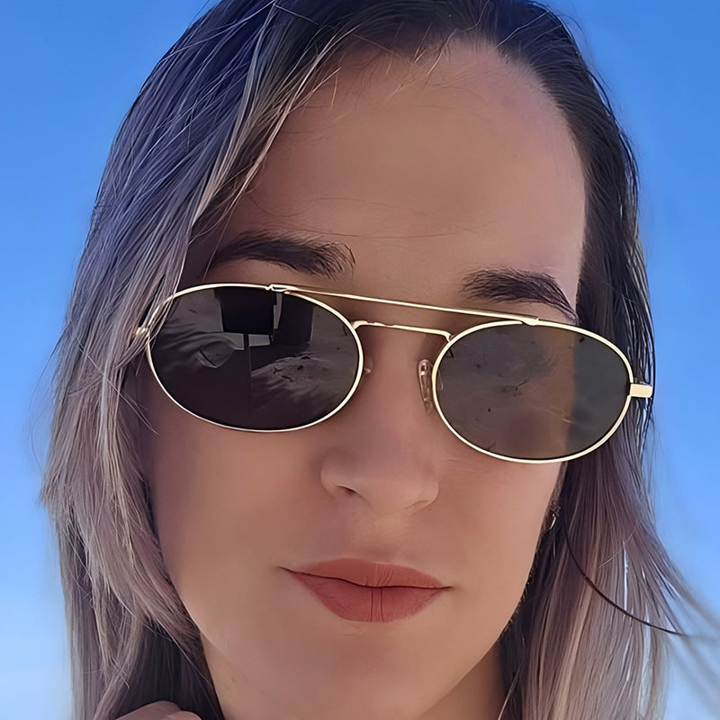 Retro Oval Dual-Beam Metal Sunglasses | UV Protection