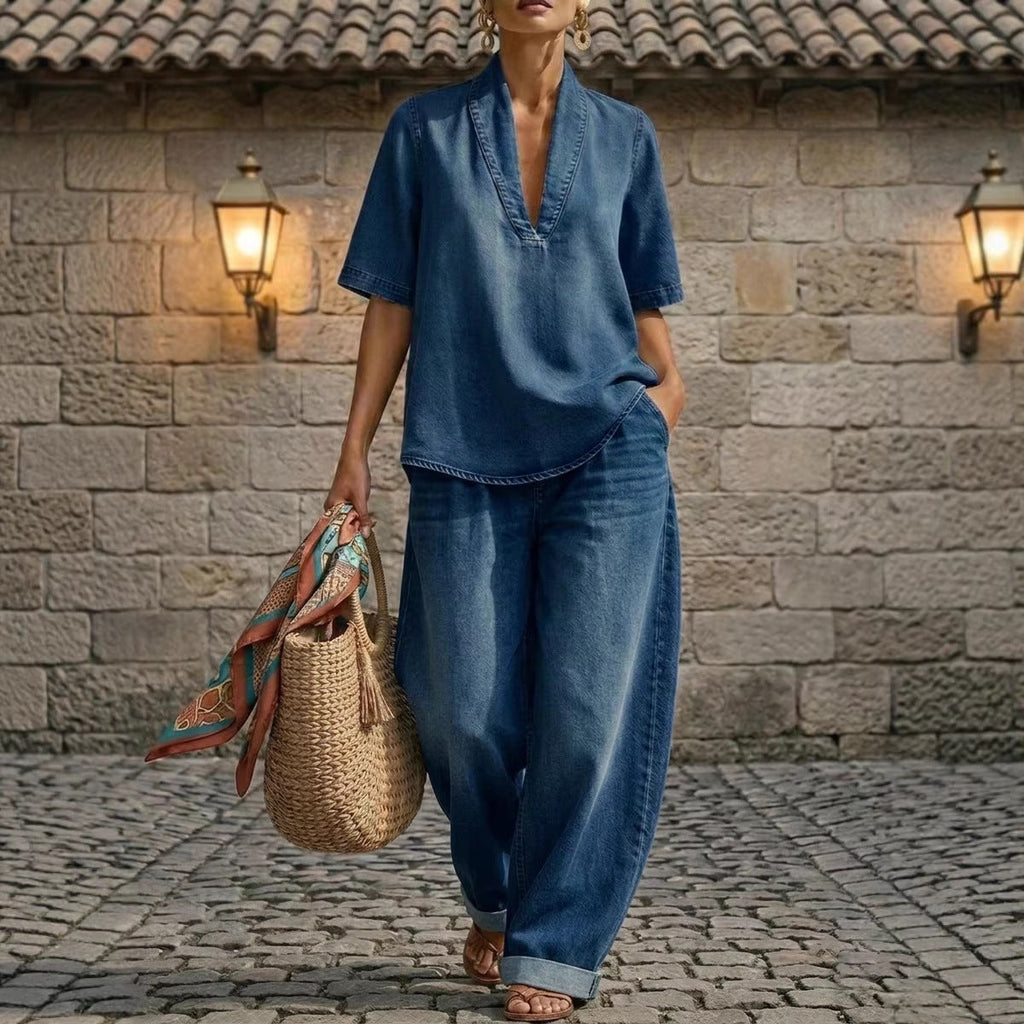 Retro V-Neck Washed Denim Top & Wide-Leg Pants Set – 3 Colors, S–3XL