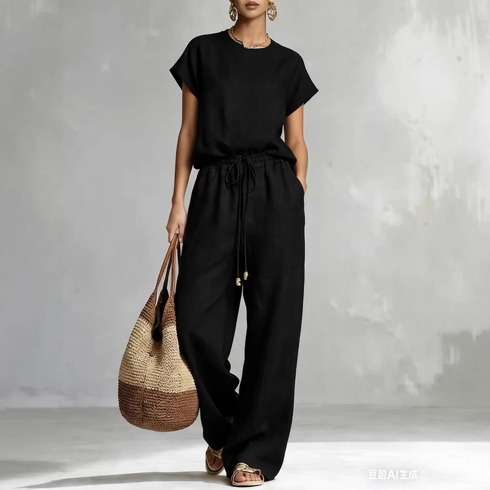 Women's Zip-Up Crew-Neck Top & Wide-Leg Pants Set