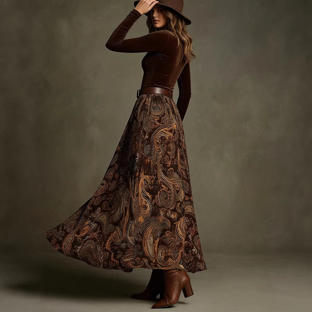 Women's Floral Print Long Sleeve Skirt Set with Belt – Caramel