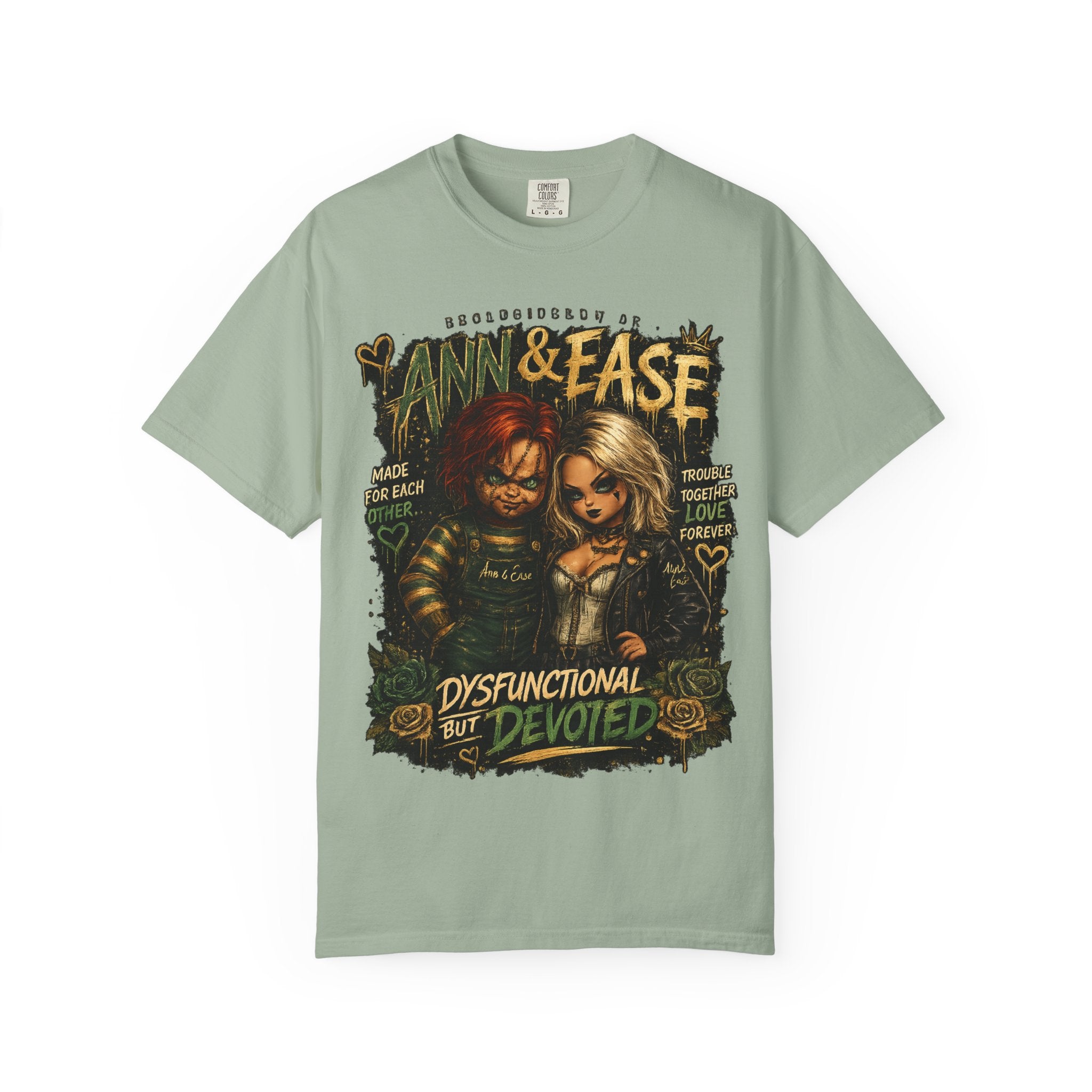 Camiseta — "Ann & Ease: Disfuncionales Pero Devotos" Camiseta Gráfica de Pareja de Terror