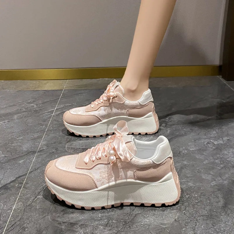 Lace-Up Platform Athletic Sneakers – PU Microfiber Mid Heel