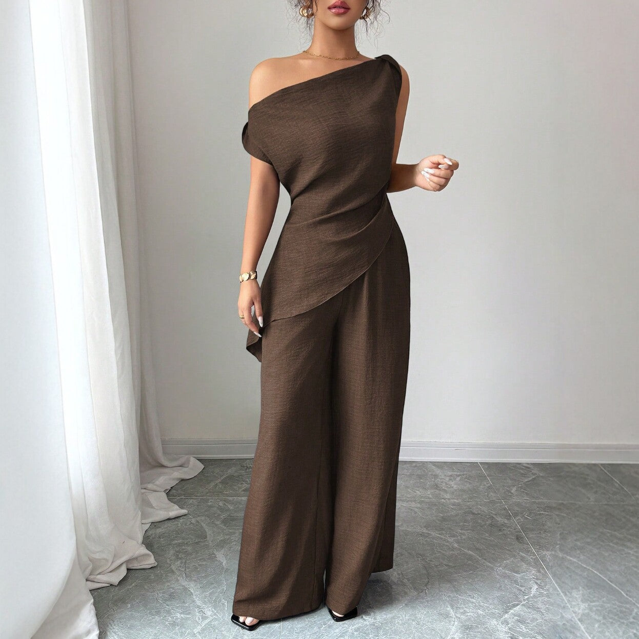 One-Shoulder Asymmetric Top & Wide-Leg Pants 2-Piece Set – Women's Elegant Co-ord Suit