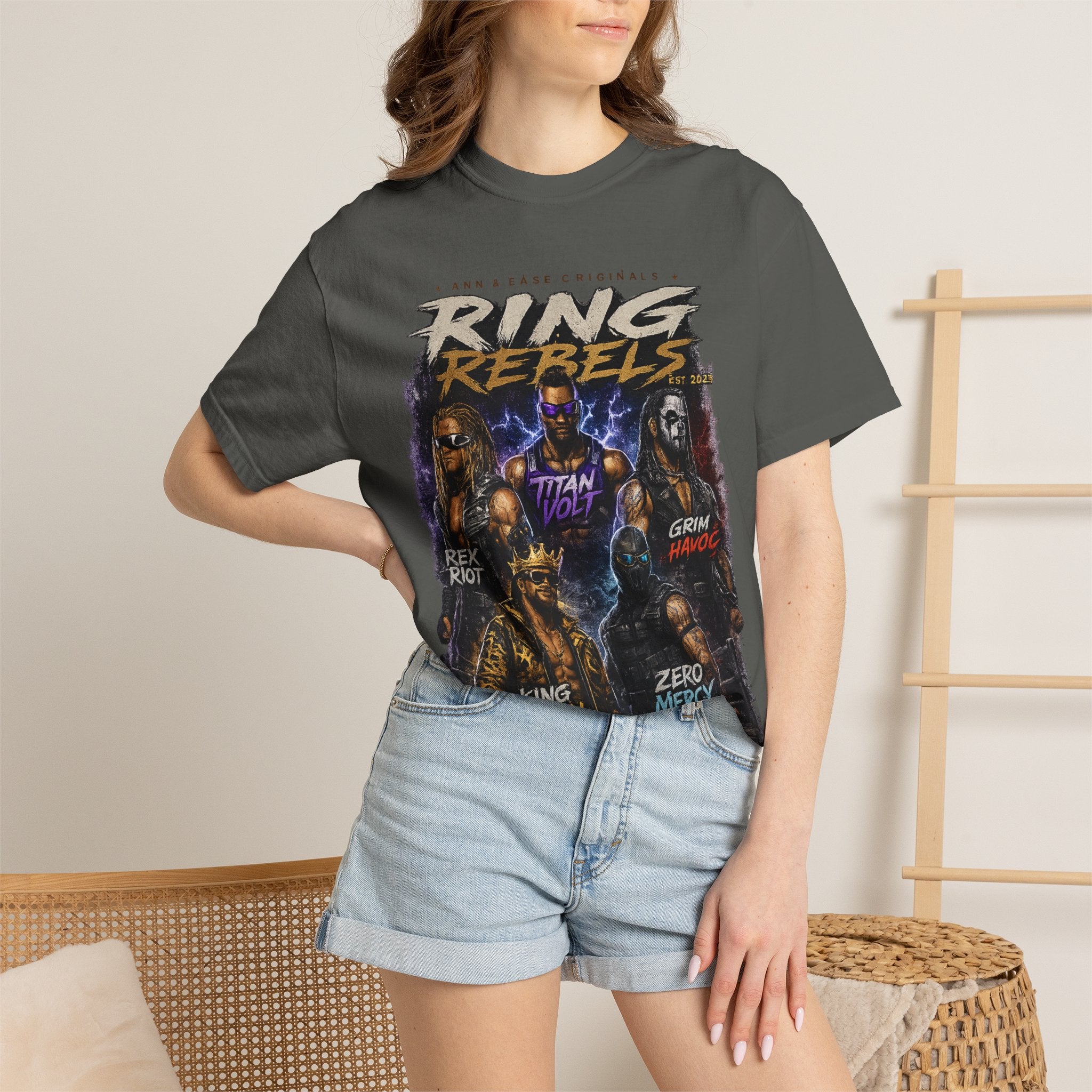 T-Shirt — Ring Rebels Graphic Tee (Rex Riot, Titan Bolt, Grim Havoc, King Vandal, Zero Mercy)