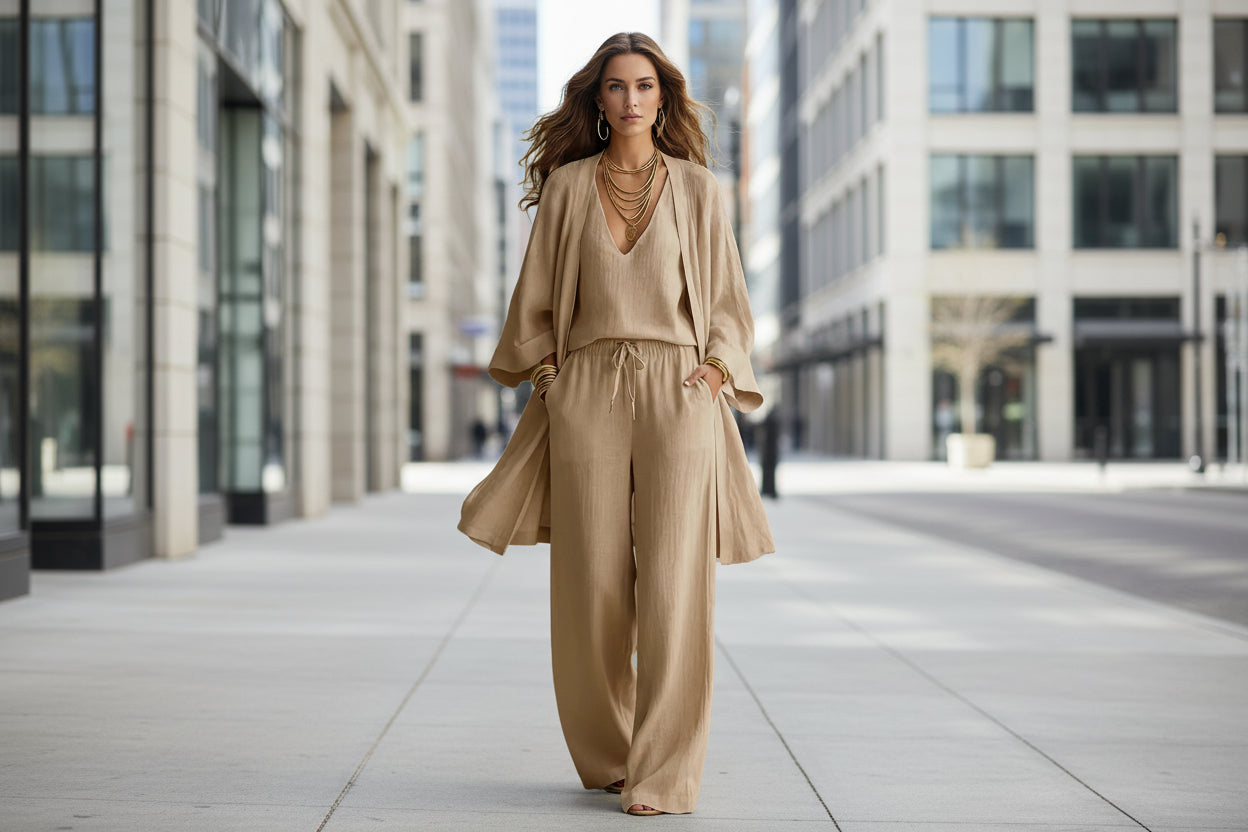 Women's V-Neck Cardigan Coat, Pocket Vest & Long Pants Three-Piece Set